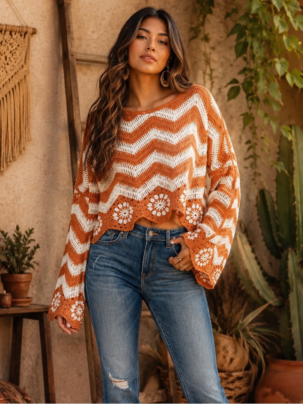 🌟B712. Boho Chic Chevron Crochet Knit Sweater